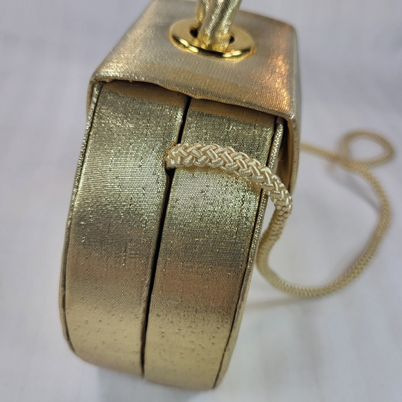 La Regale Mini PURSE Gold Satin Box Clutch Wristlet Hand Bag Crossbody Formal - Picture 15 of 16